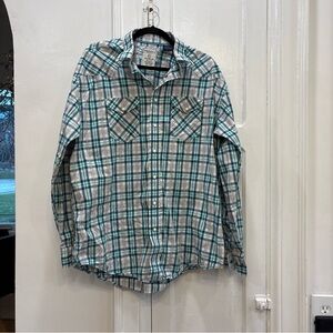 Panhandle Rough Stock Gray Turquoise Plaid Pearl Snap Western Shirt Mens Sz XL